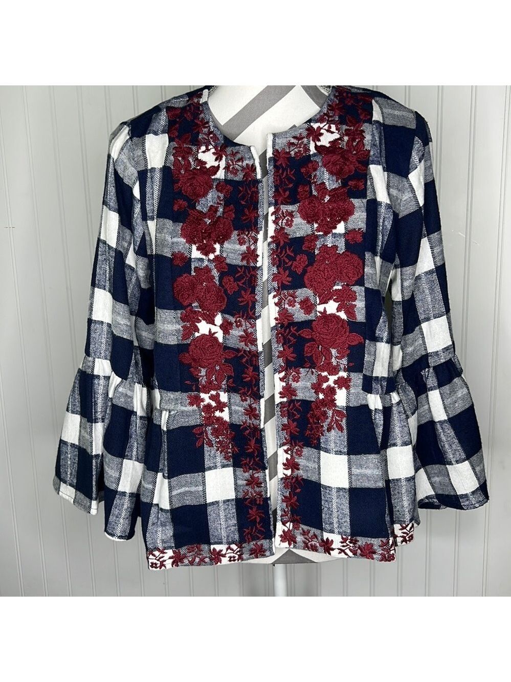 Open Front Flannel Floral Embroidered Peplum Jacket Size Small